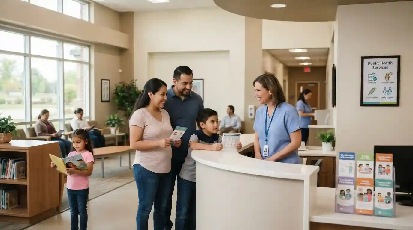 Community health professionals assisting residents at a county health facility in Yorkville, Illinois