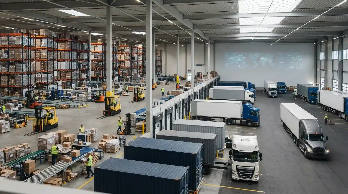 Modern logistics warehouse with freight vehicles and organized supply chain operations