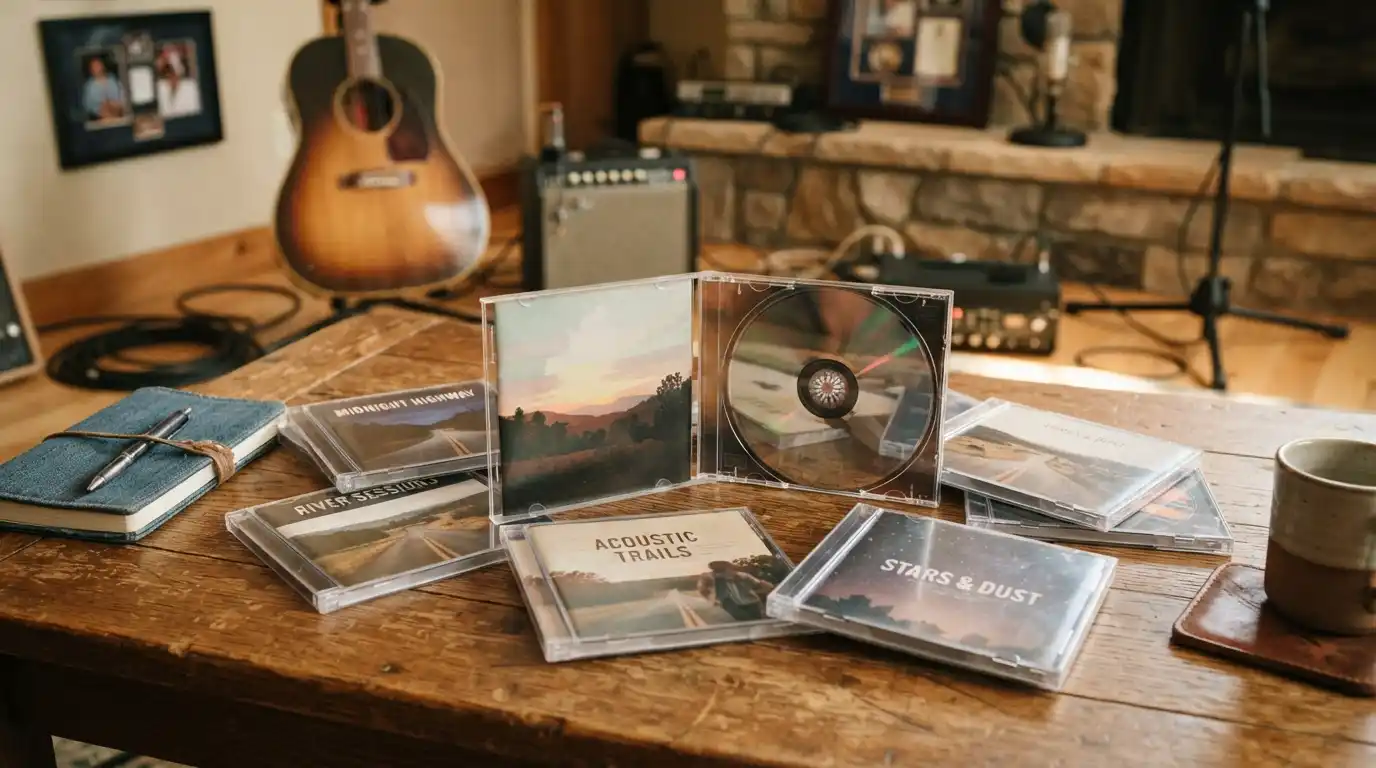 Country music CDs arranged beside an acoustic guitar on a wooden table