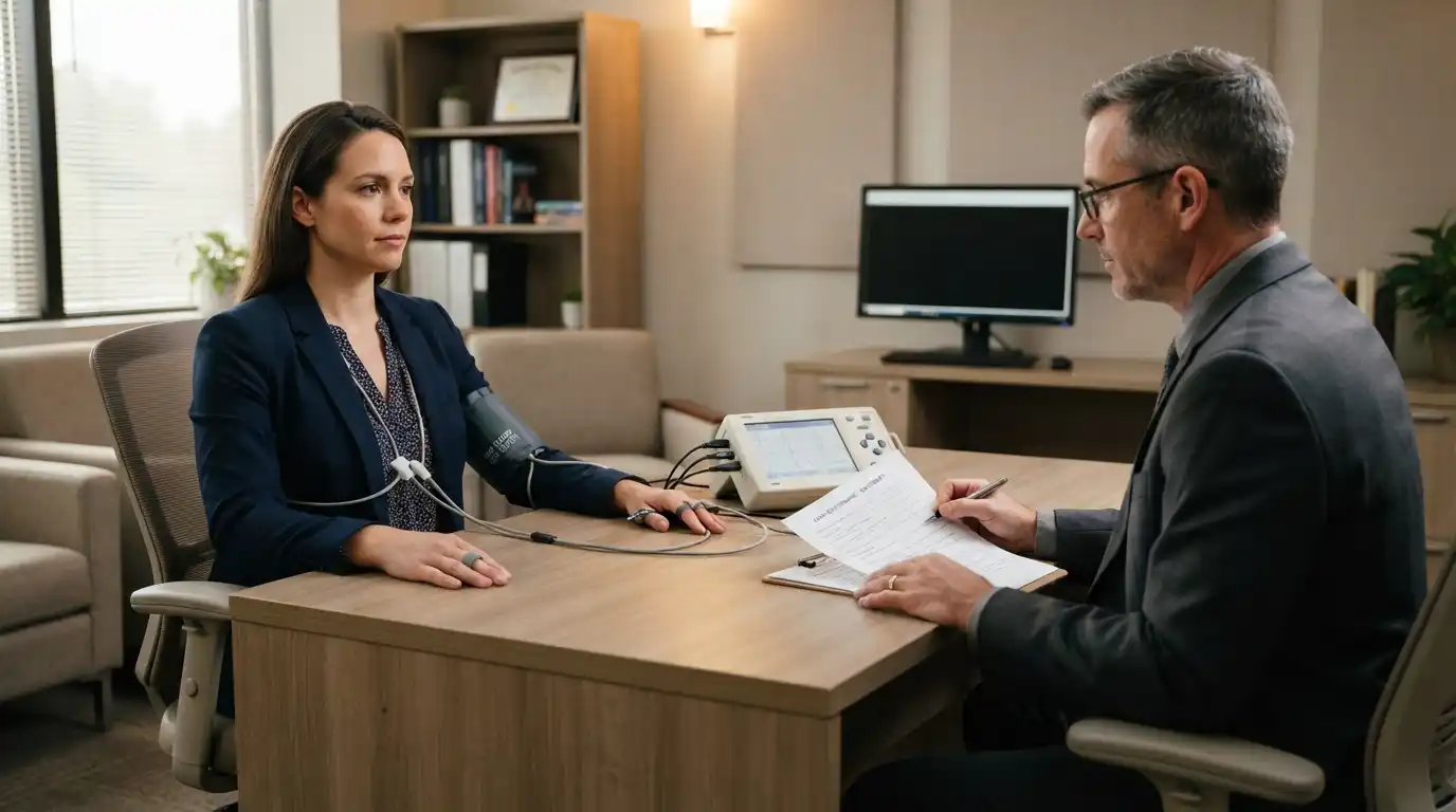 Professional polygraph examination with an examinee reviewing structured questions with an examiner