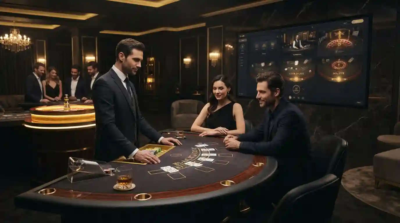 Luxury casino gaming environment with a roulette wheel, gaming table, and modern digital interface