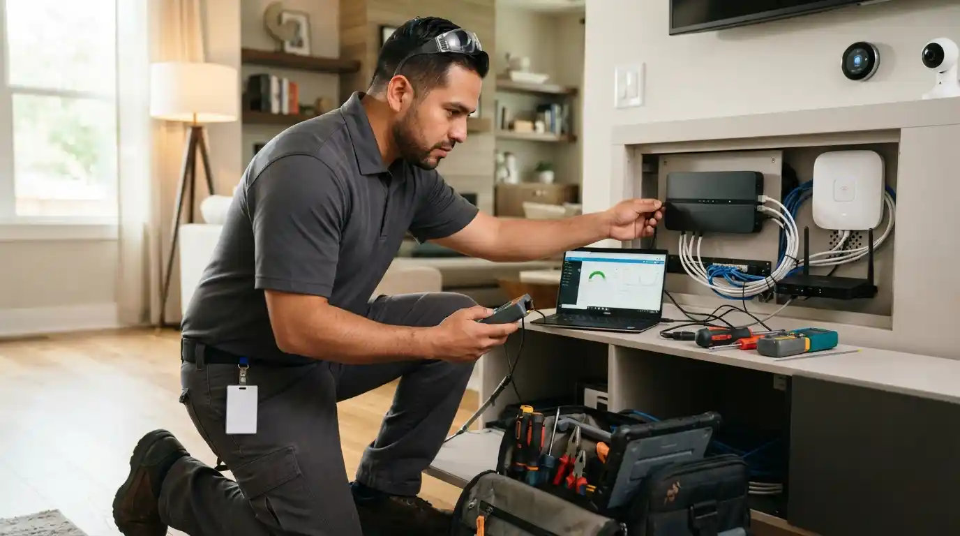Field technician working with connected-home technology equipment in a modern residential setting
