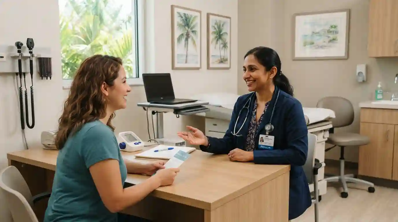 Doctor discussing routine wellness care with an adult patient in a modern Bradenton medical clinic