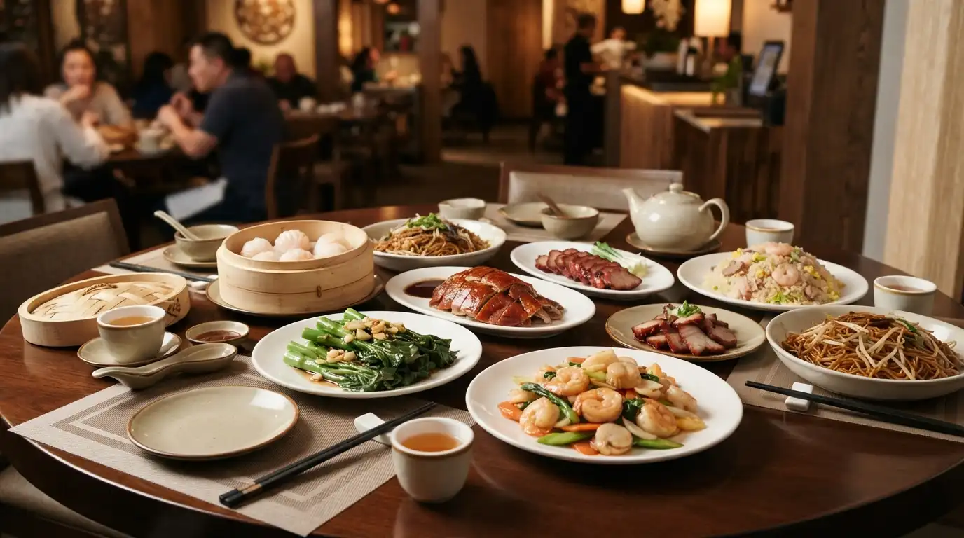 Assortment of Cantonese-style dishes including dim sum, roasted meats, seafood, vegetables, rice, and noodles on a restaurant table