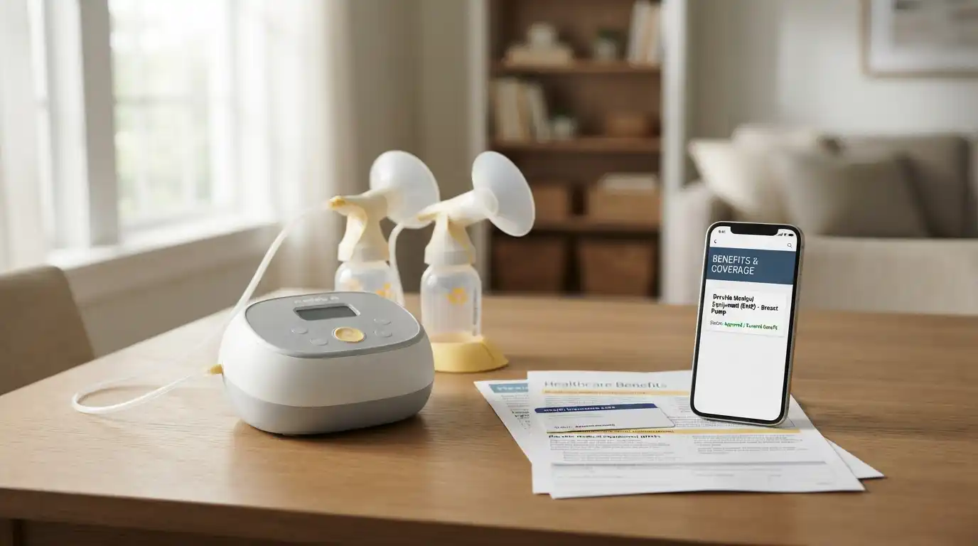 Electric breast pump beside insurance documents and a smartphone showing a coverage verification screen