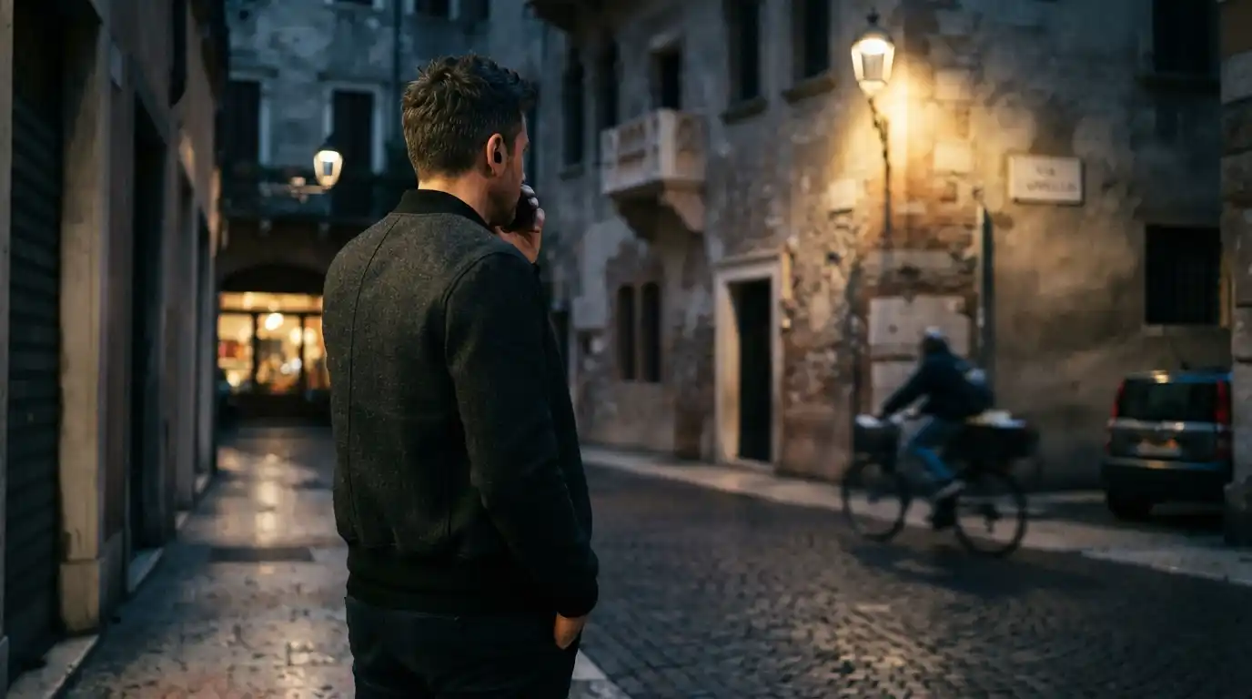 Fictional covert operative standing on a European city street at night in an espionage thriller setting