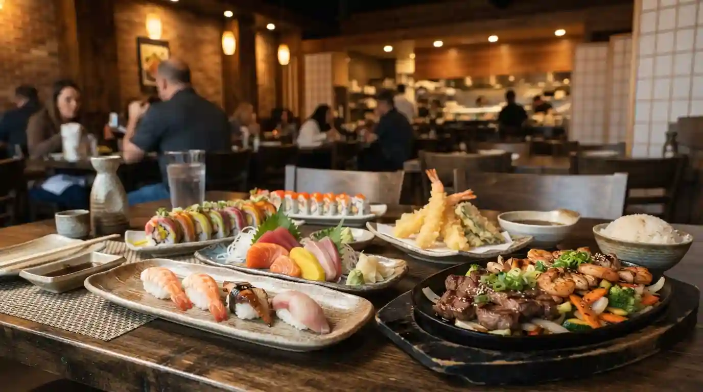 Japanese sushi, sashimi, tempura, and hibachi dishes arranged on a restaurant table