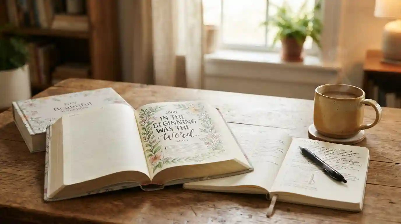 Open Bible with hand-lettered Scripture artwork, a journal, pen, and coffee on a wooden table