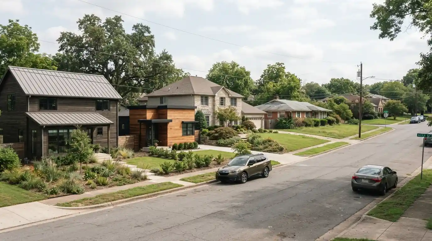 Different residential properties showing variations in design, size, condition, and landscaping within one neighborhood