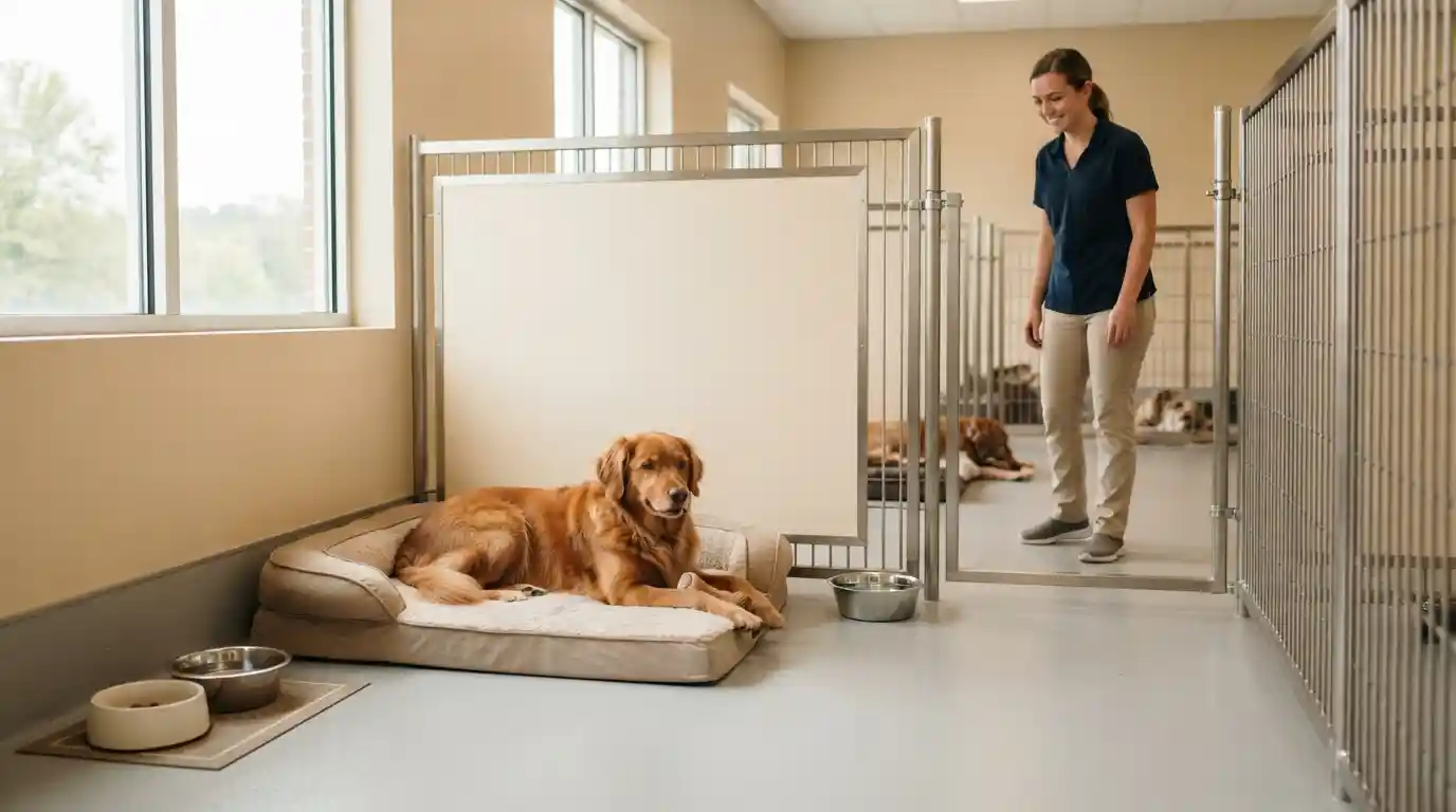 A dog resting comfortably in a clean pet boarding facility while a staff member provides supervision.