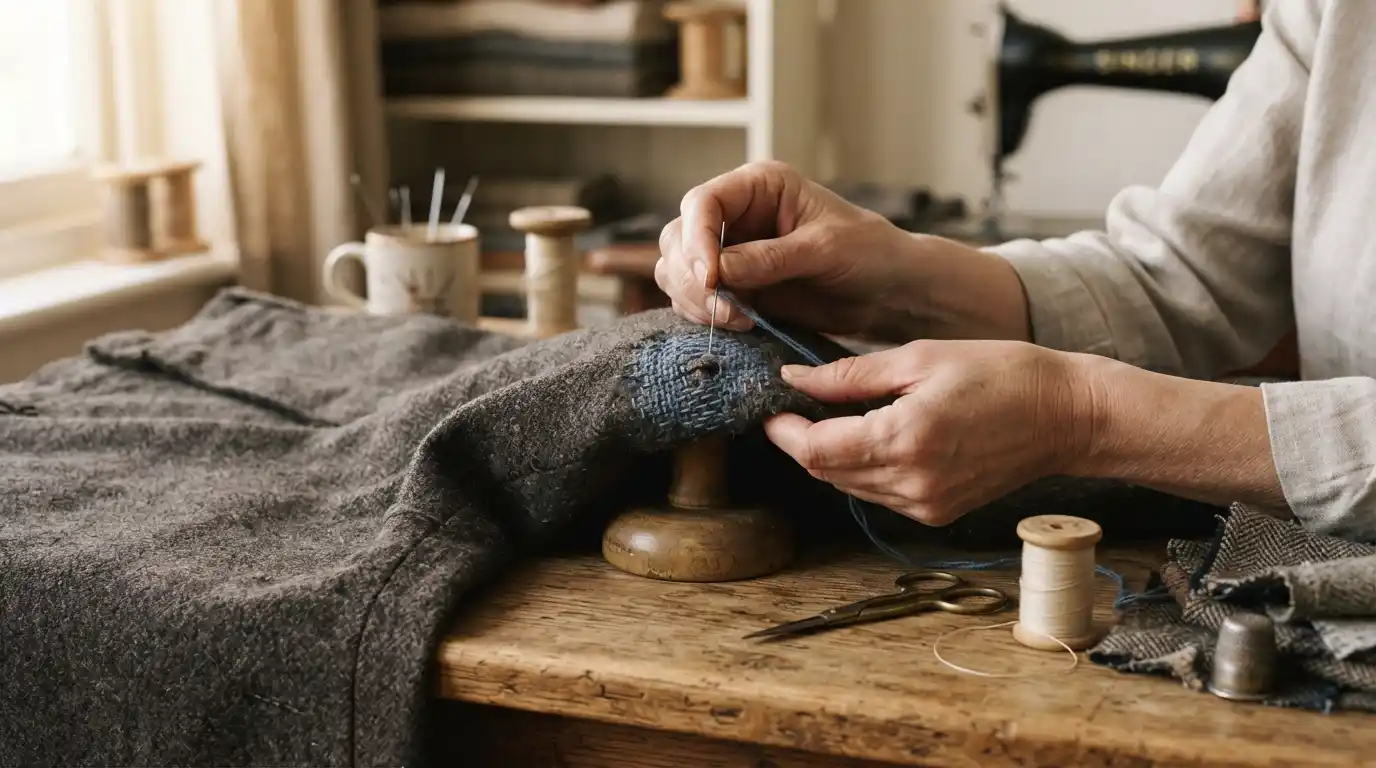 Hands repairing a worn wool garment with traditional hand darning using needle and thread.