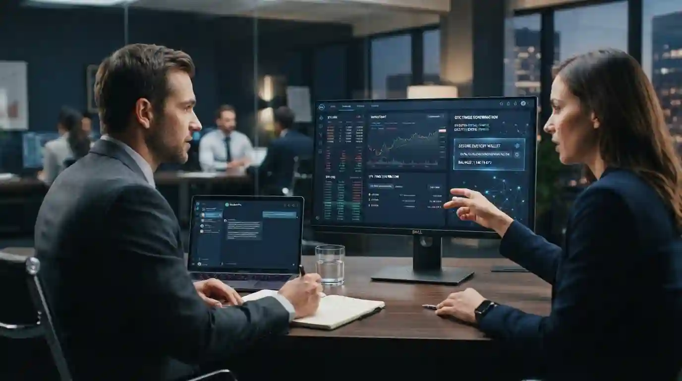 Professional traders reviewing a large cryptocurrency transaction on a secure digital trading workstation