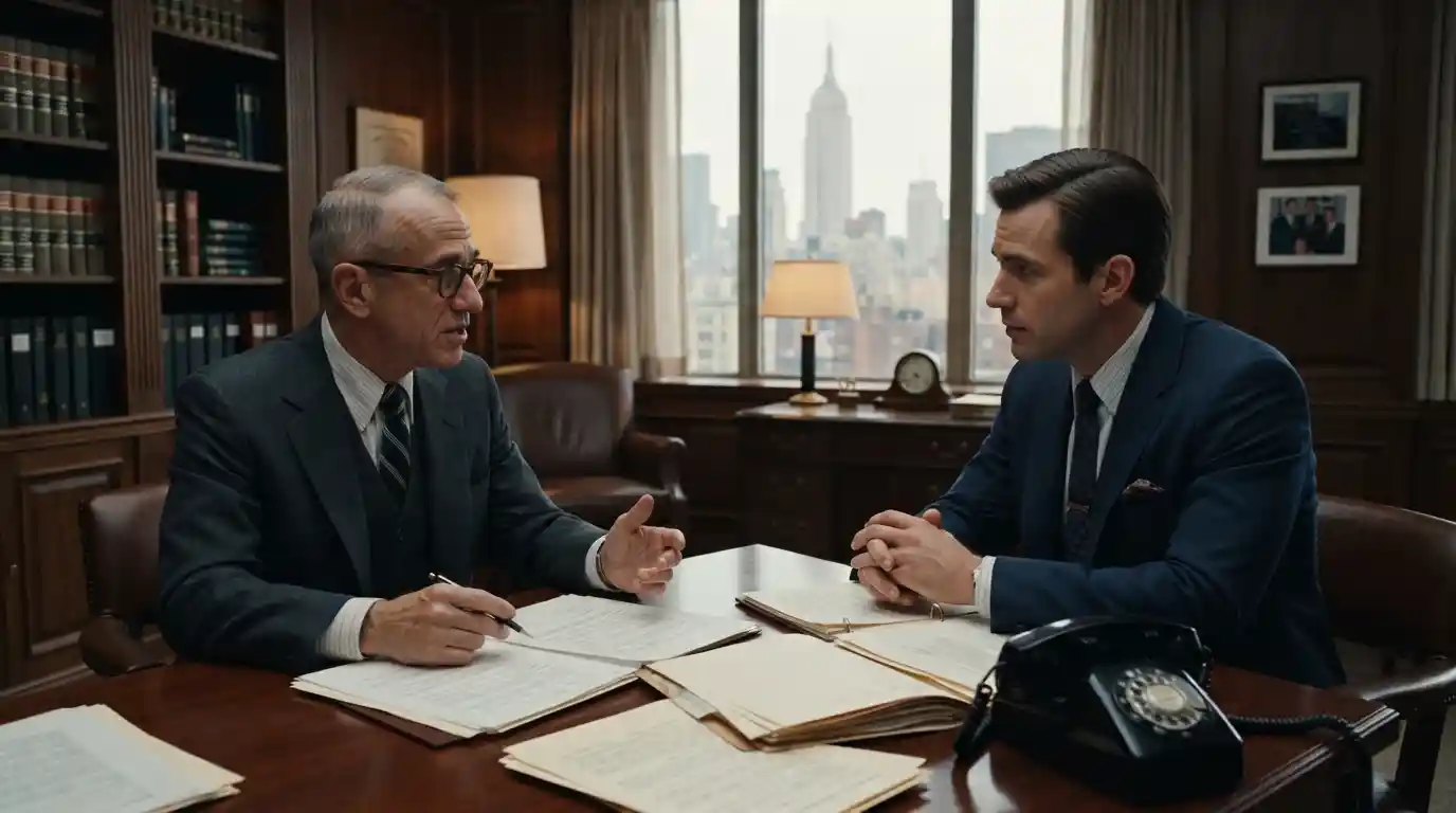 Two professionally dressed men in an upscale Manhattan office representing business influence and professional networking.