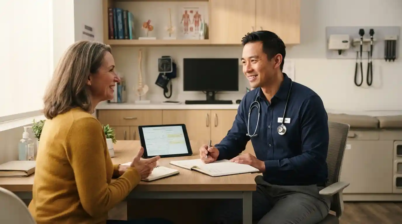 Physician speaking with a patient during a compassionate medical consultation