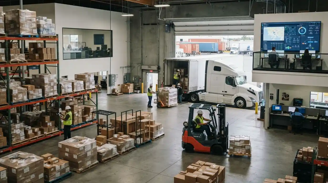 Modern warehouse and freight transportation operation representing connected supply chain logistics.