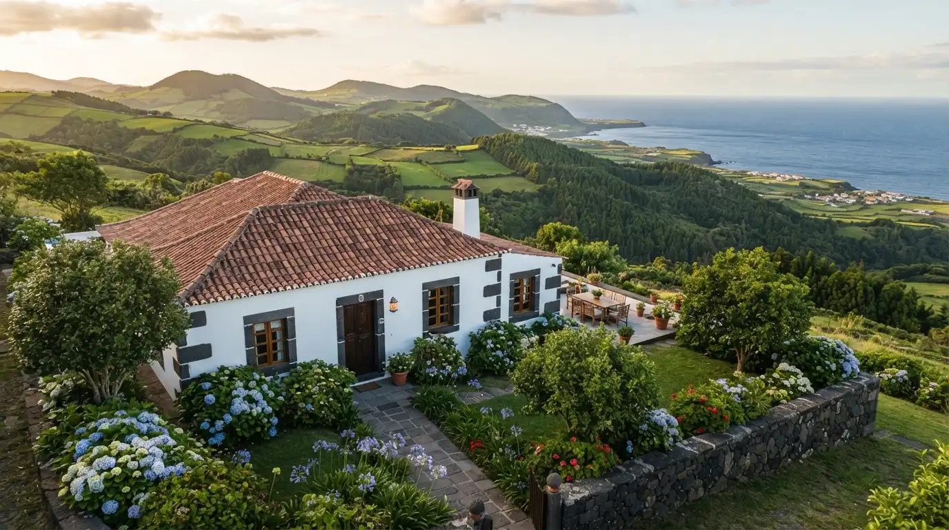 Traditional Azorean property surrounded by the green volcanic landscape of Terceira