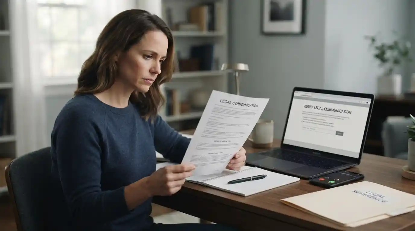 Person reviewing an unexpected legal communication and verifying its details on a laptop