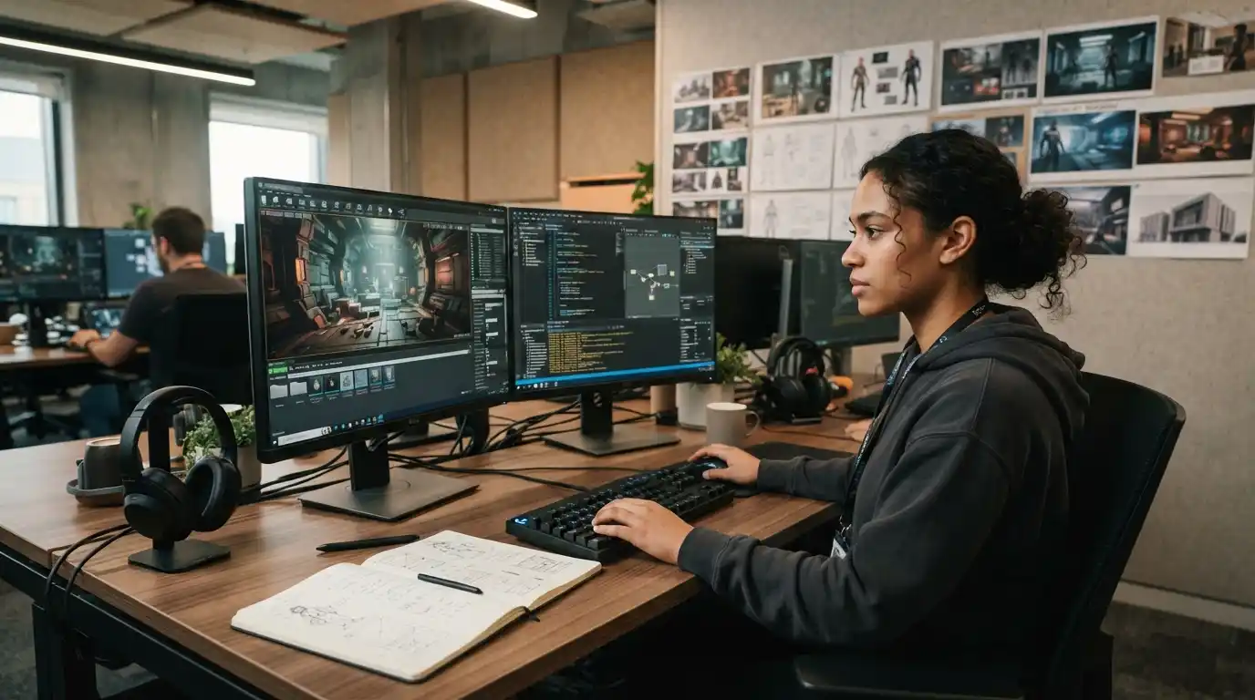 Young game-development intern working at a professional studio workstation with game design and development screens