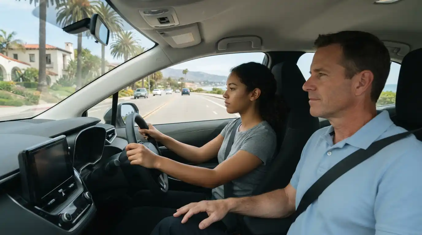 Young driver learning safe driving skills with an instructor on a Santa Barbara road