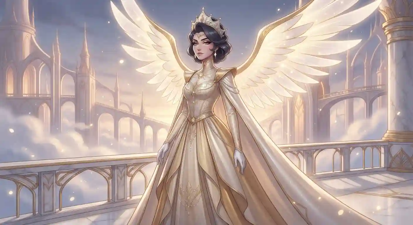 Sera-inspired celestial character standing with luminous wings in a heavenly setting