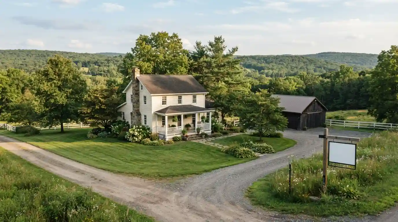 Rural Pennsylvania home surrounded by trees and open land in a real estate setting