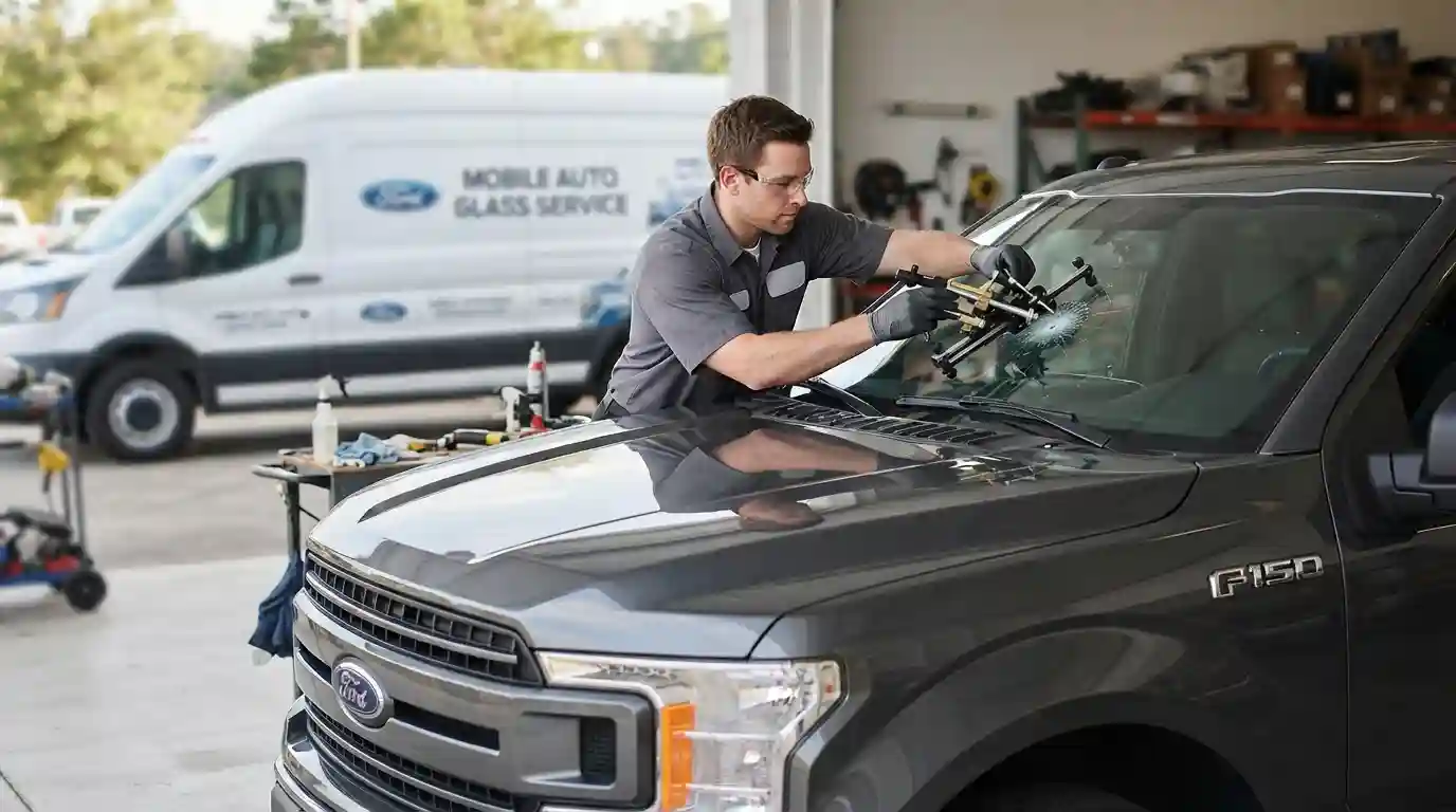 Professional technician repairing a damaged windshield on a modern vehicle