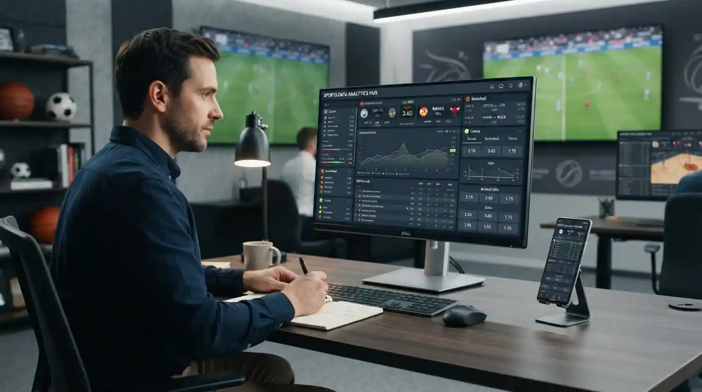 Modern sports betting interface displaying live sports data across a desktop monitor and smartphone