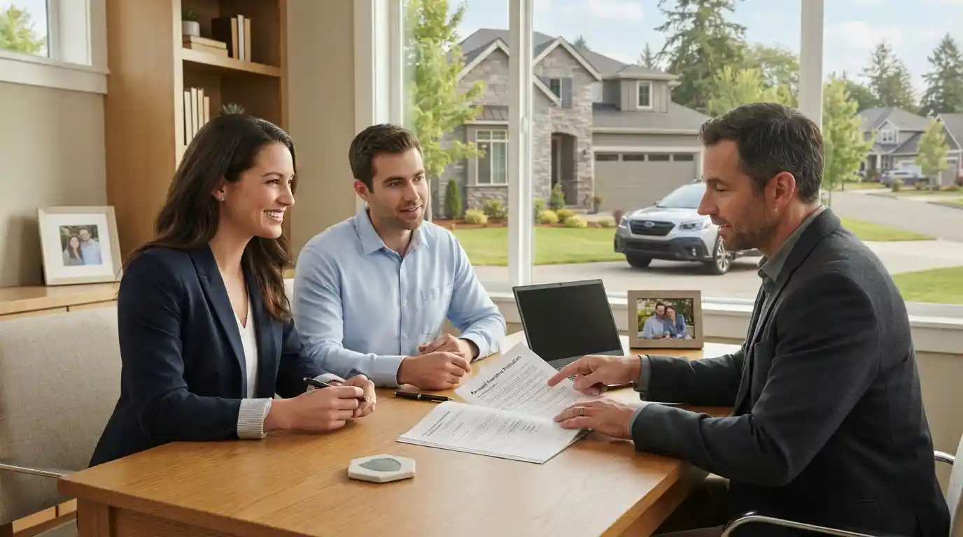 Insurance advisor reviewing coverage documents with a couple near a home and family vehicle
