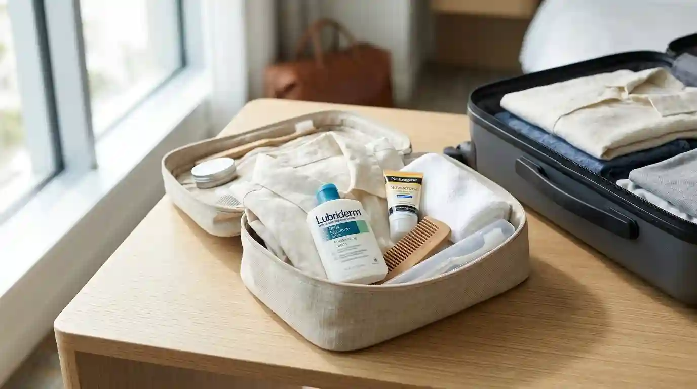 Travel-size Lubriderm lotion packed in an open toiletry bag with sunscreen and other travel essentials.