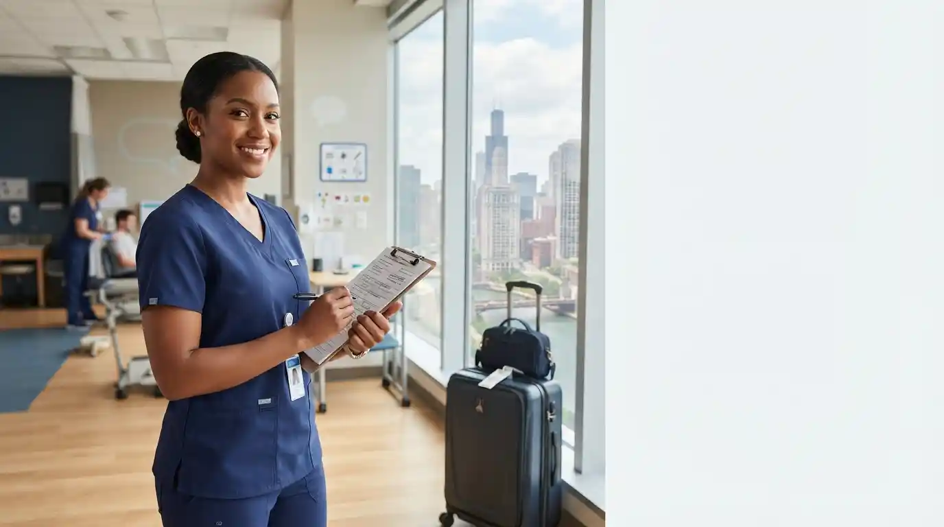 Travel SLP working as a speech-language pathologist in a modern healthcare setting