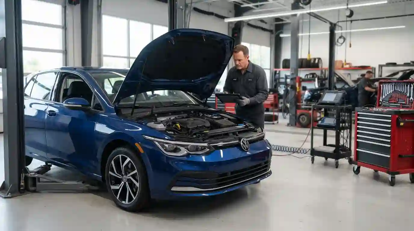 Mechanic inspecting a passenger vehicle inside a professional auto service garage