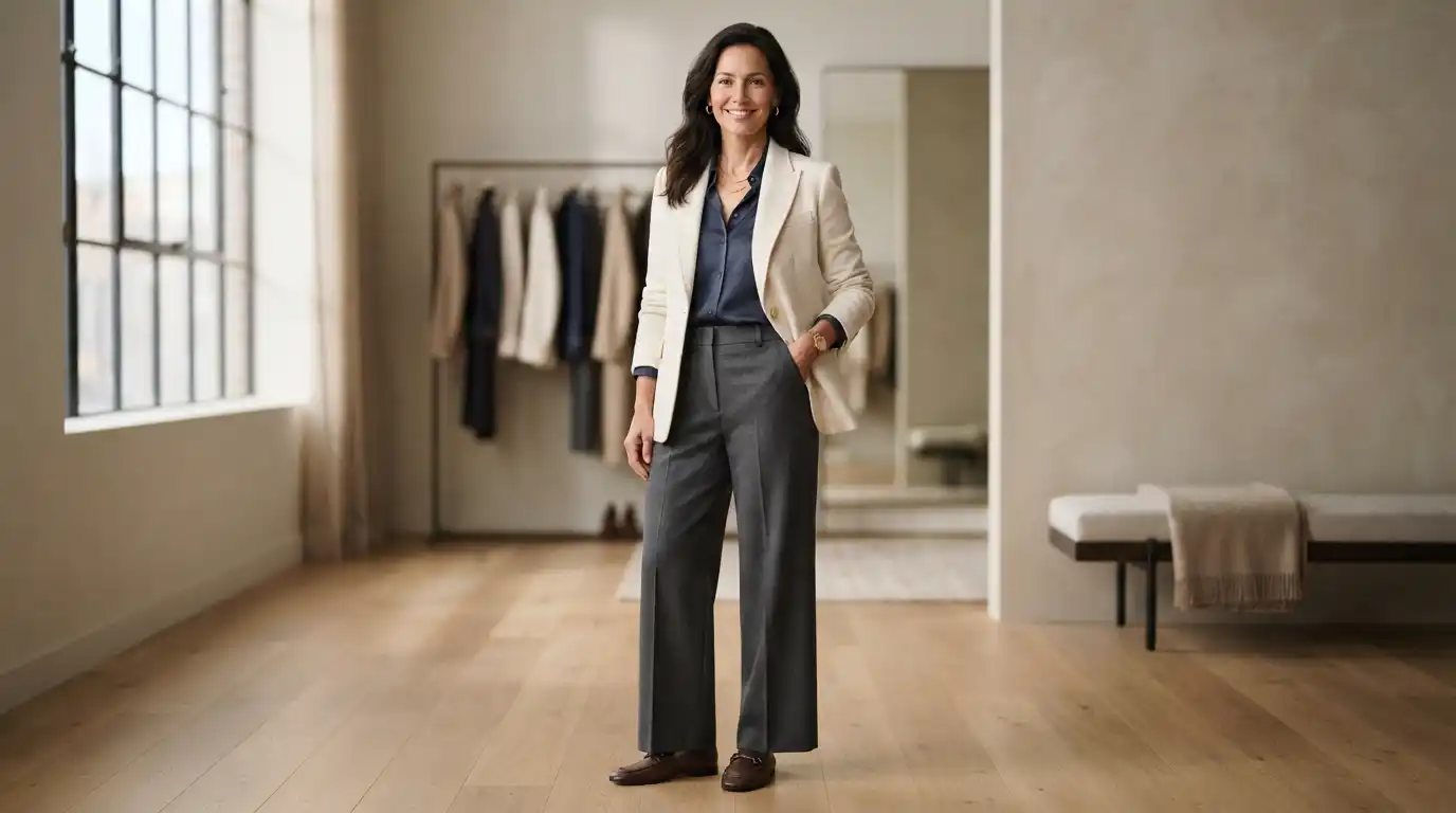 Confident woman wearing a polished contemporary outfit with coordinated accessories