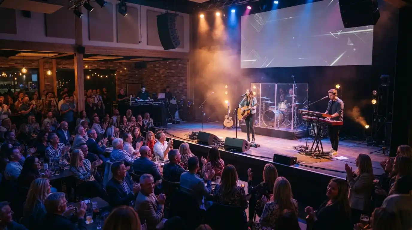 Modern entertainment venue with a live performance stage and audience enjoying a creative event