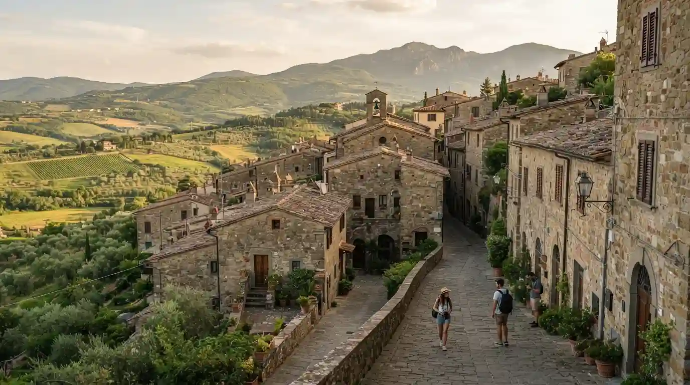 Quiet European hill town surrounded by scenic mountains and countryside
