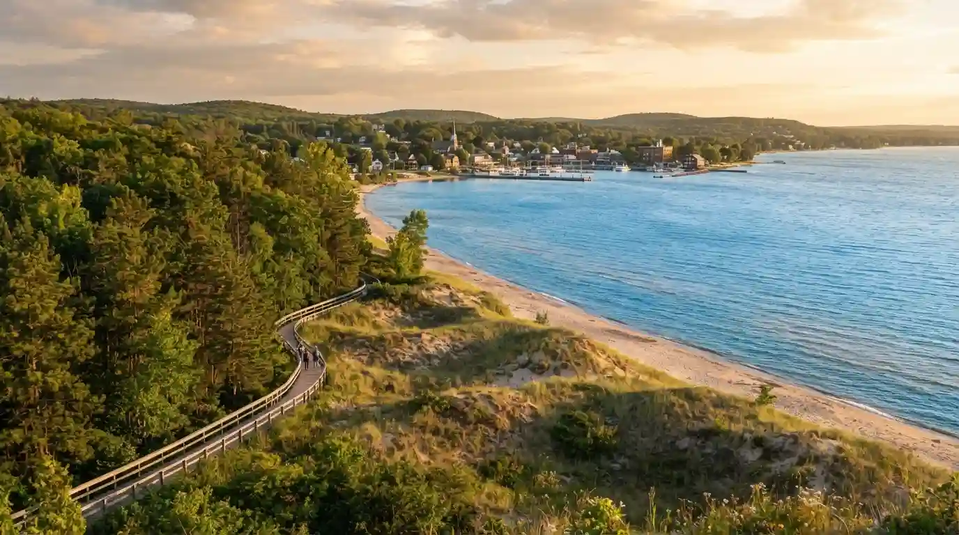 Scenic Michigan Great Lakes shoreline with sandy dunes, forest, and waterfront scenery