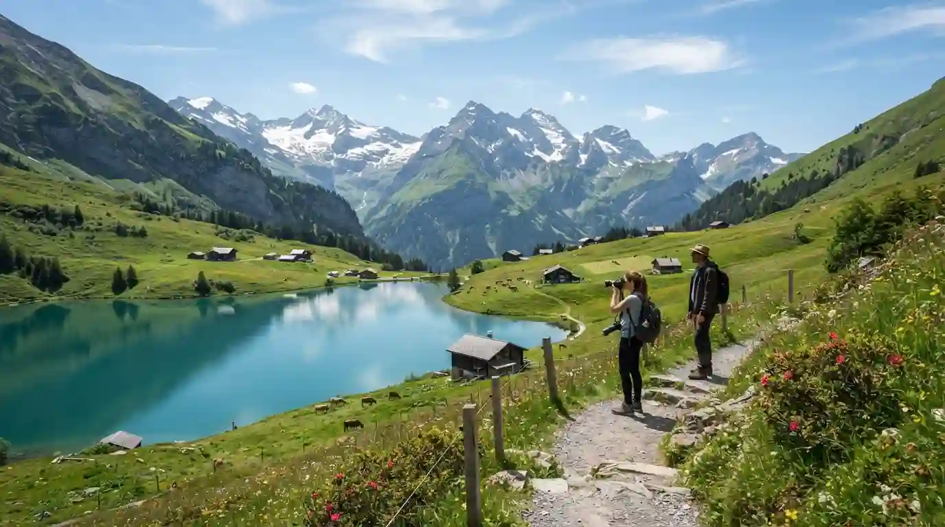 Swiss alpine landscape with a turquoise lake, green meadows, traditional chalets, and snow-capped mountains in summer