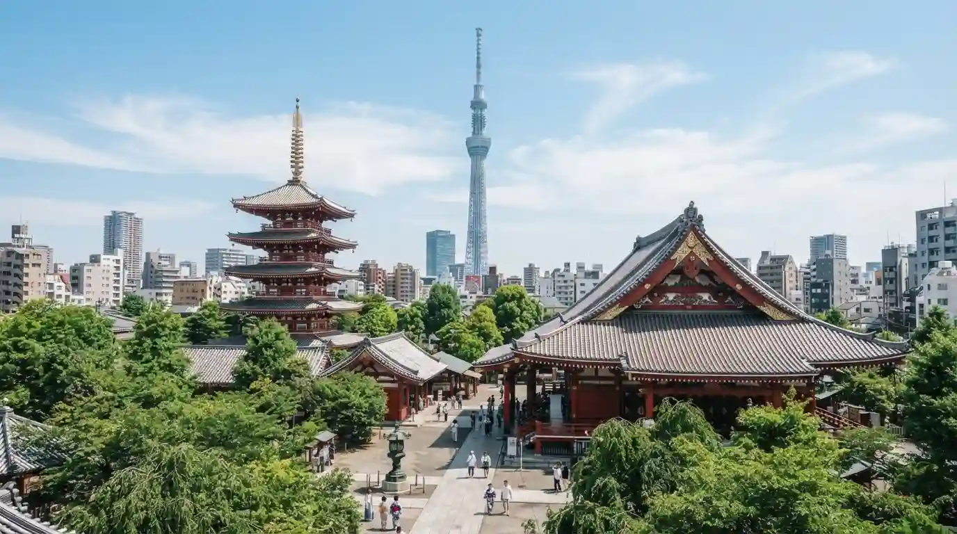 Tokyo Skytree and traditional Japanese temple architecture surrounded by green summer foliage.