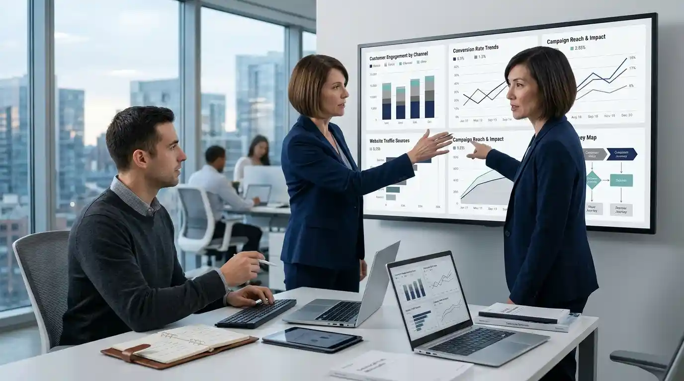 Business professionals reviewing digital marketing analytics and campaign performance on a computer display.