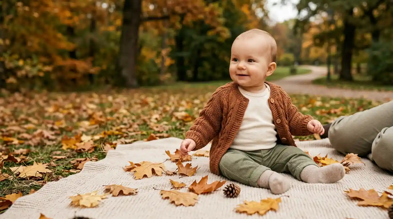 Baby wearing a cream bodysuit, rust knitted cardigan, and olive trousers in an autumn park.