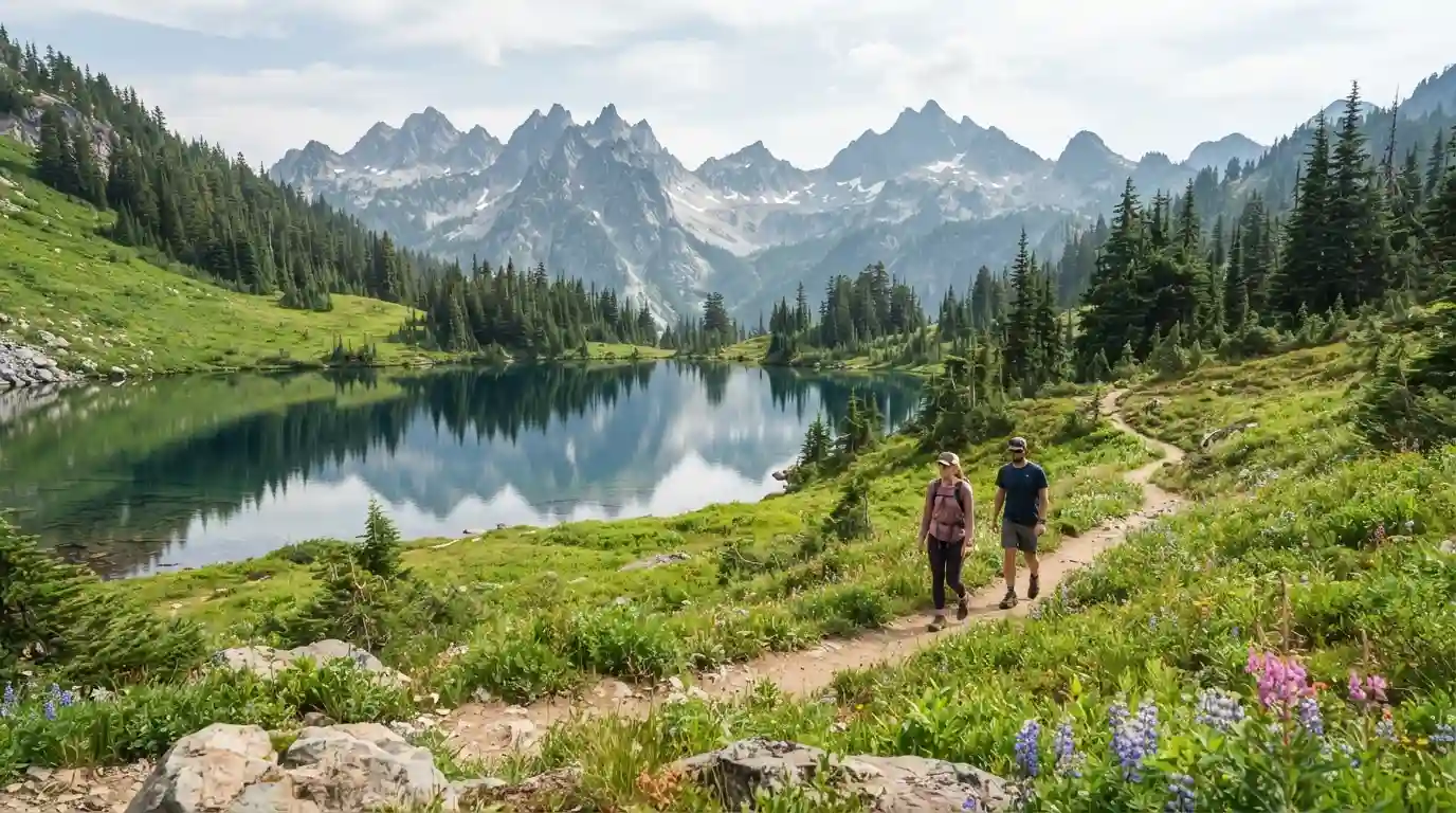 Mountain lake surrounded by evergreen forests and alpine peaks during summer