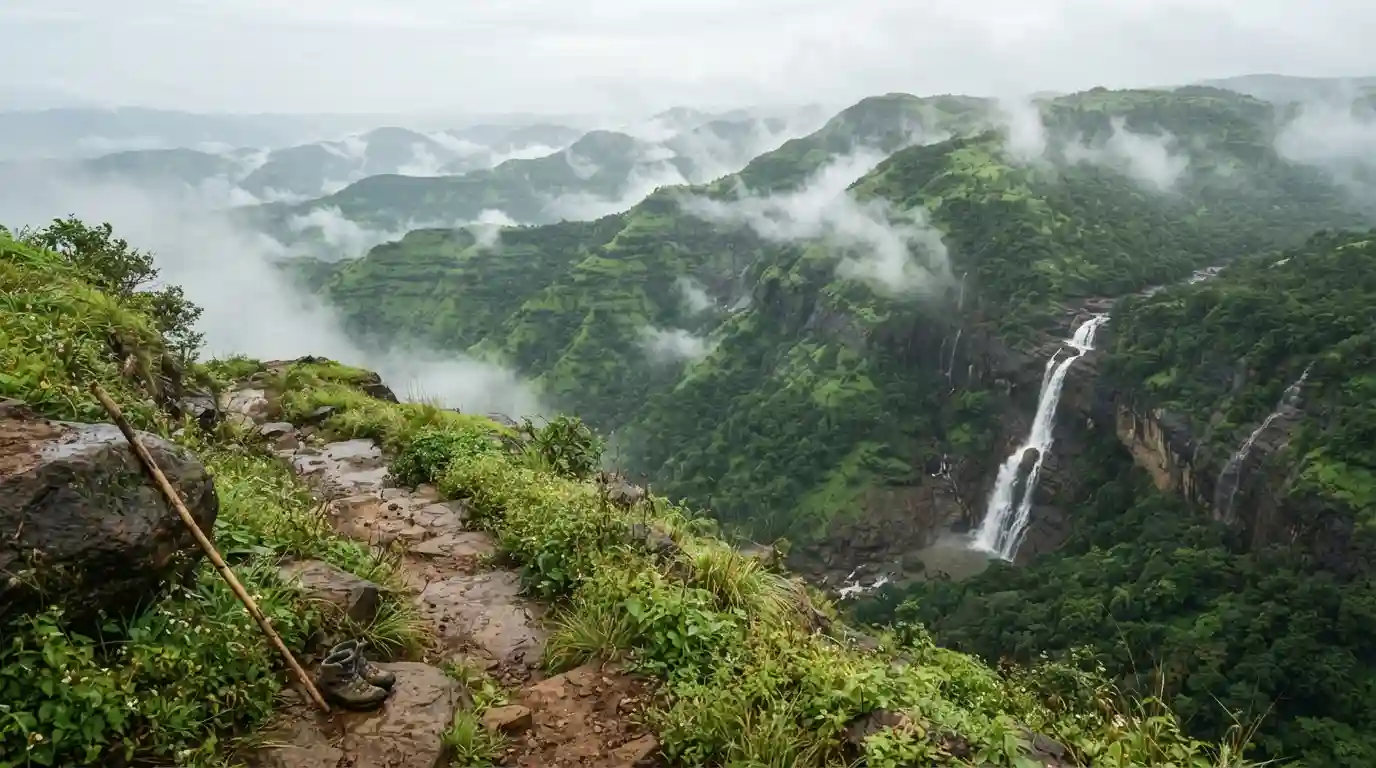 Lush Western Ghats landscape with a cascading waterfall and misty green hills in Maharashtra
