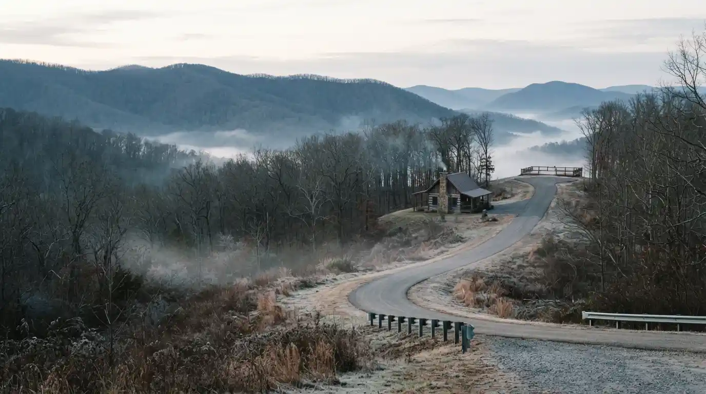 Winter mountain landscape and rustic cabin in the Arkansas Ozarks
