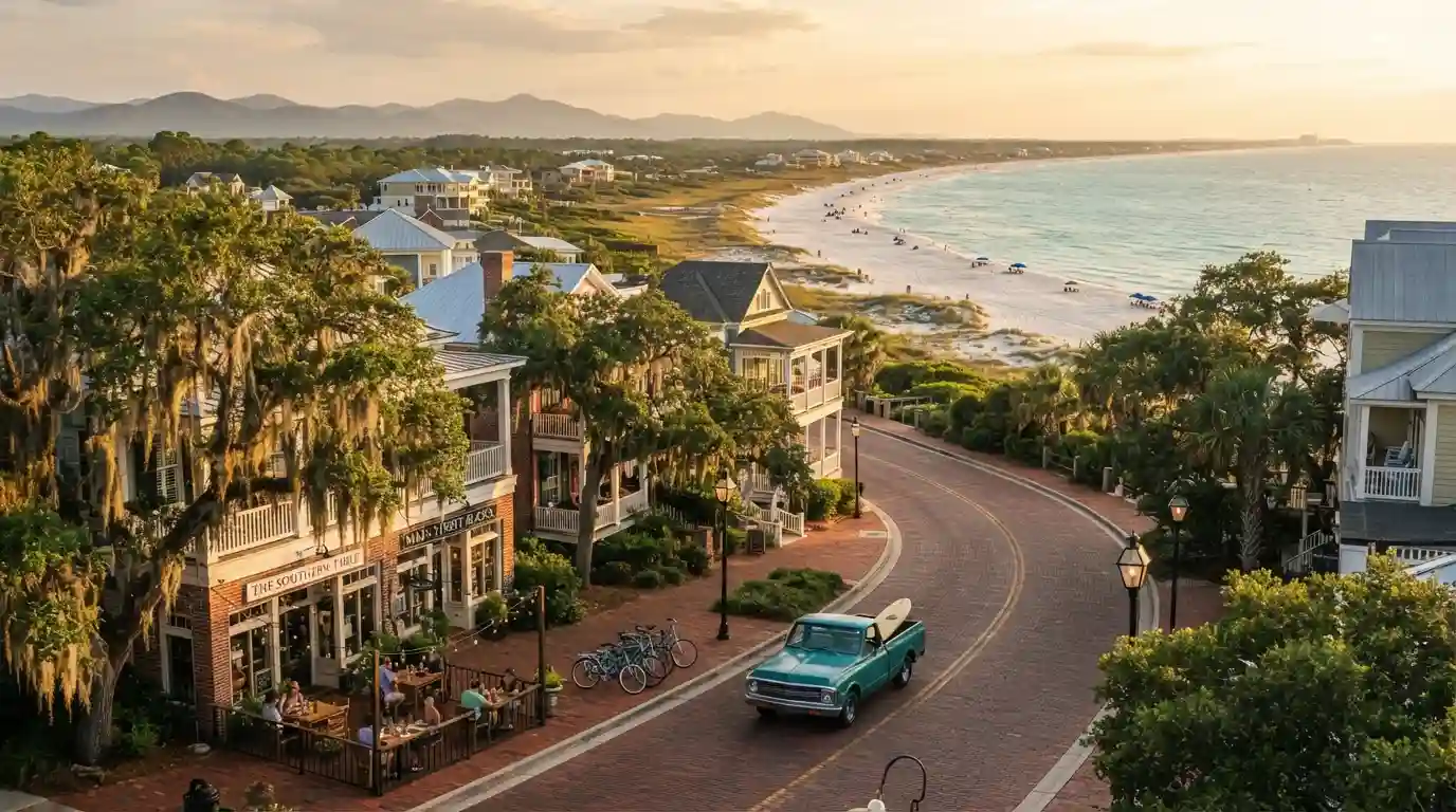 Scenic Southern USA travel destination featuring a historic town, greenery, and warm coastal scenery