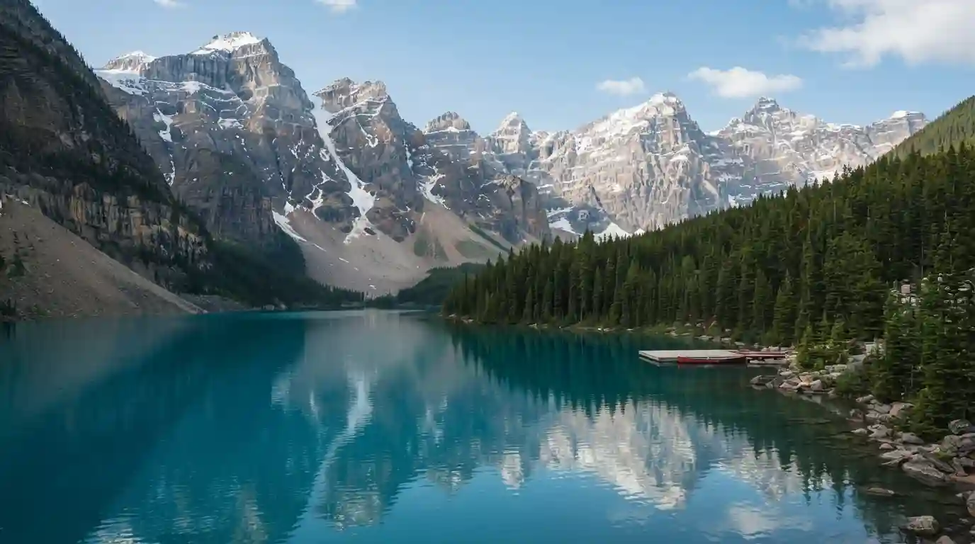 Turquoise mountain lake surrounded by evergreen forests and snow-capped Canadian Rockies