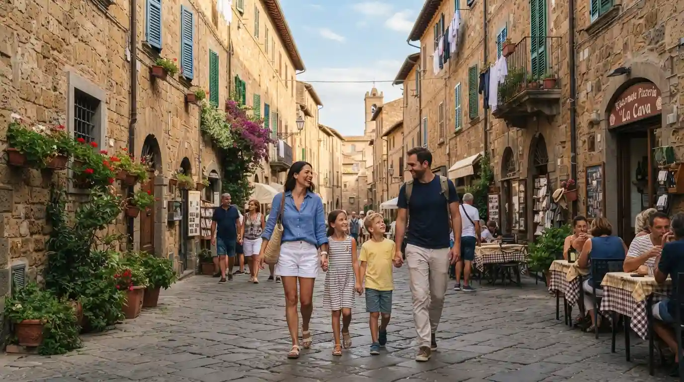Family with children exploring a charming Italian historic street