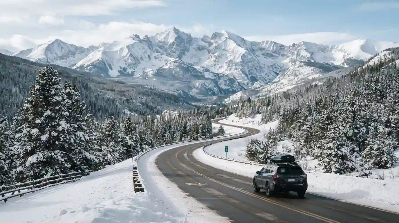Snow-covered American mountain landscape with a scenic winter road and evergreen trees