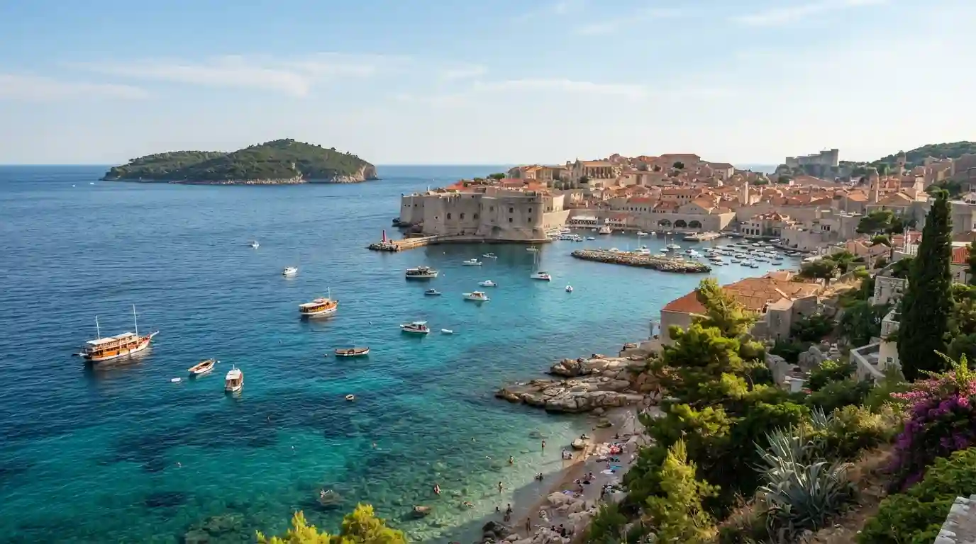 Croatian Adriatic coastline with turquoise water, historic buildings, and a scenic summer landscape