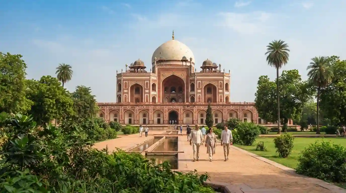 Humayun’s Tomb surrounded by greenery on a bright summer day in Delhi