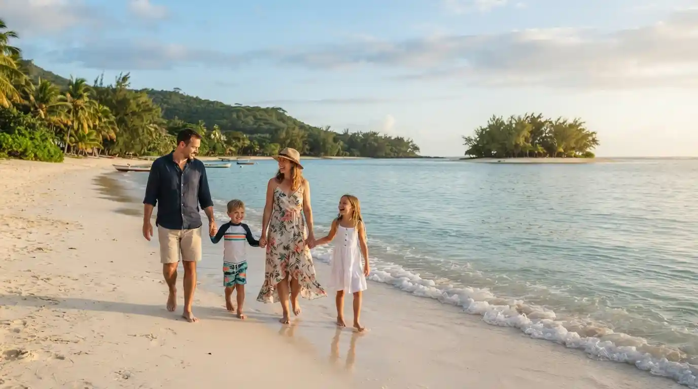 Family walking together on a tropical beach in Mauritius with turquoise water and a scenic island backdrop.
