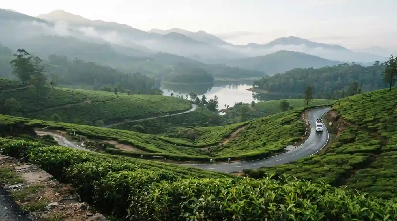 Misty green tea plantations and mountain scenery in Munnar, Kerala